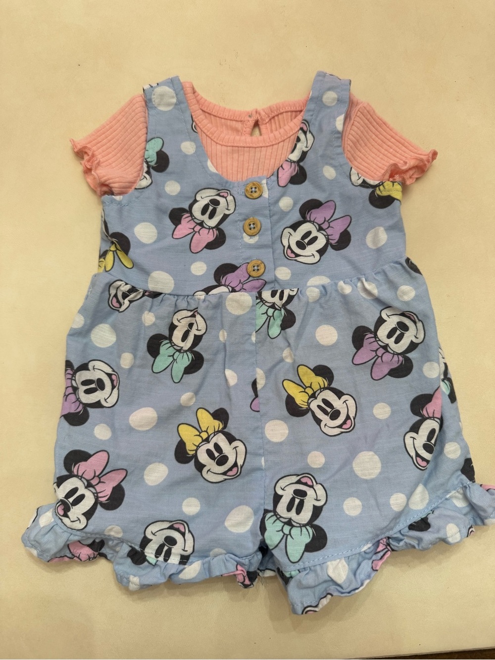 Disney Pastel Minnie Mouse Polka Dot Romper - Pink & Light Blue